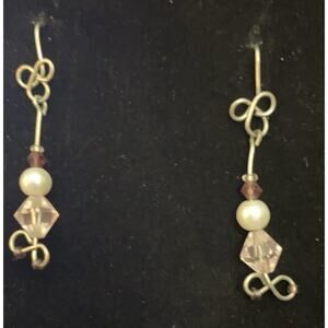 Gold Tone Pierced Looped Pearl Clear Red Faceted Infinity Sign Earrings